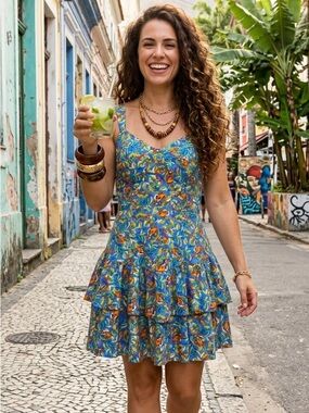 Blue Bright Tropical Print Ruffle Tiered Strappy Fit & Flare Mini Dress J 11/12